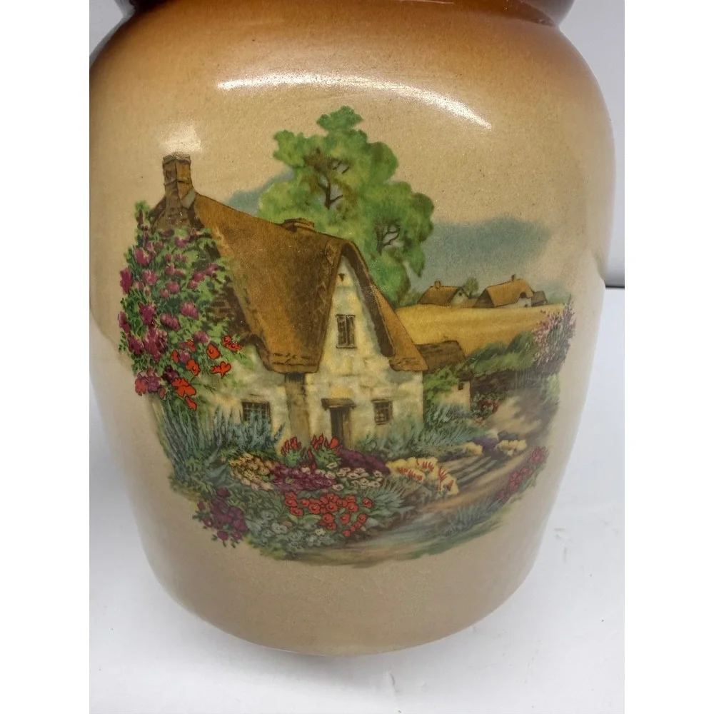 Vintage Stoneware Butter Churn Crock with Wooden Dasher Cottage Scene Brown Tan